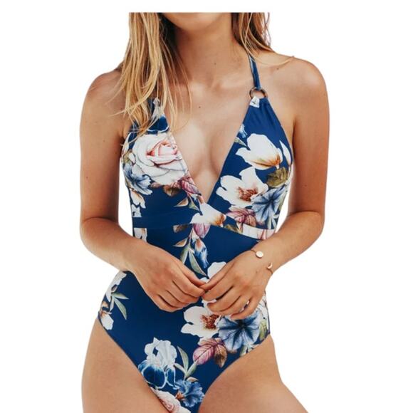 CUPSHE Blue Floral One Piece V-Neck Swimsuit Back Straps NEW! SZS - Picture 1 of 7